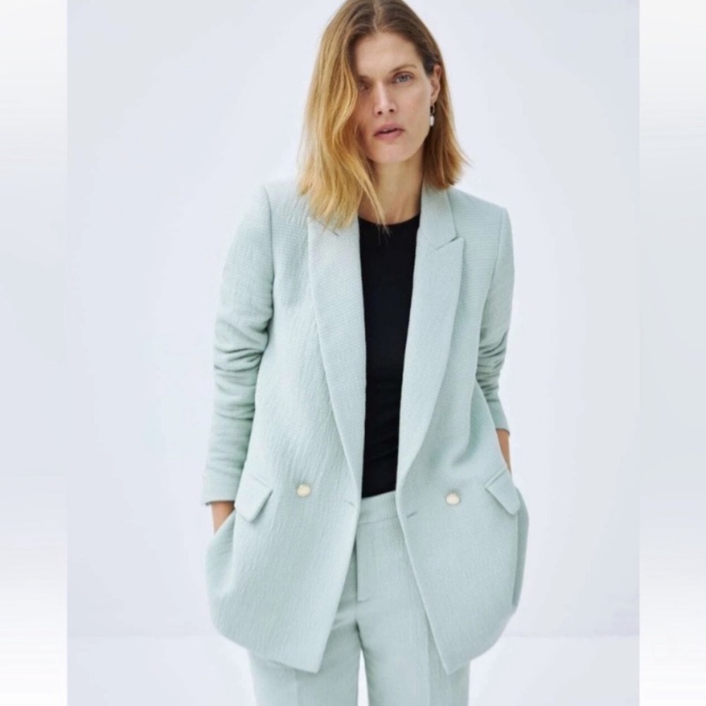 ZARA Textured Wave Blazer Oversized Sea Green Padded Shoulders Size M